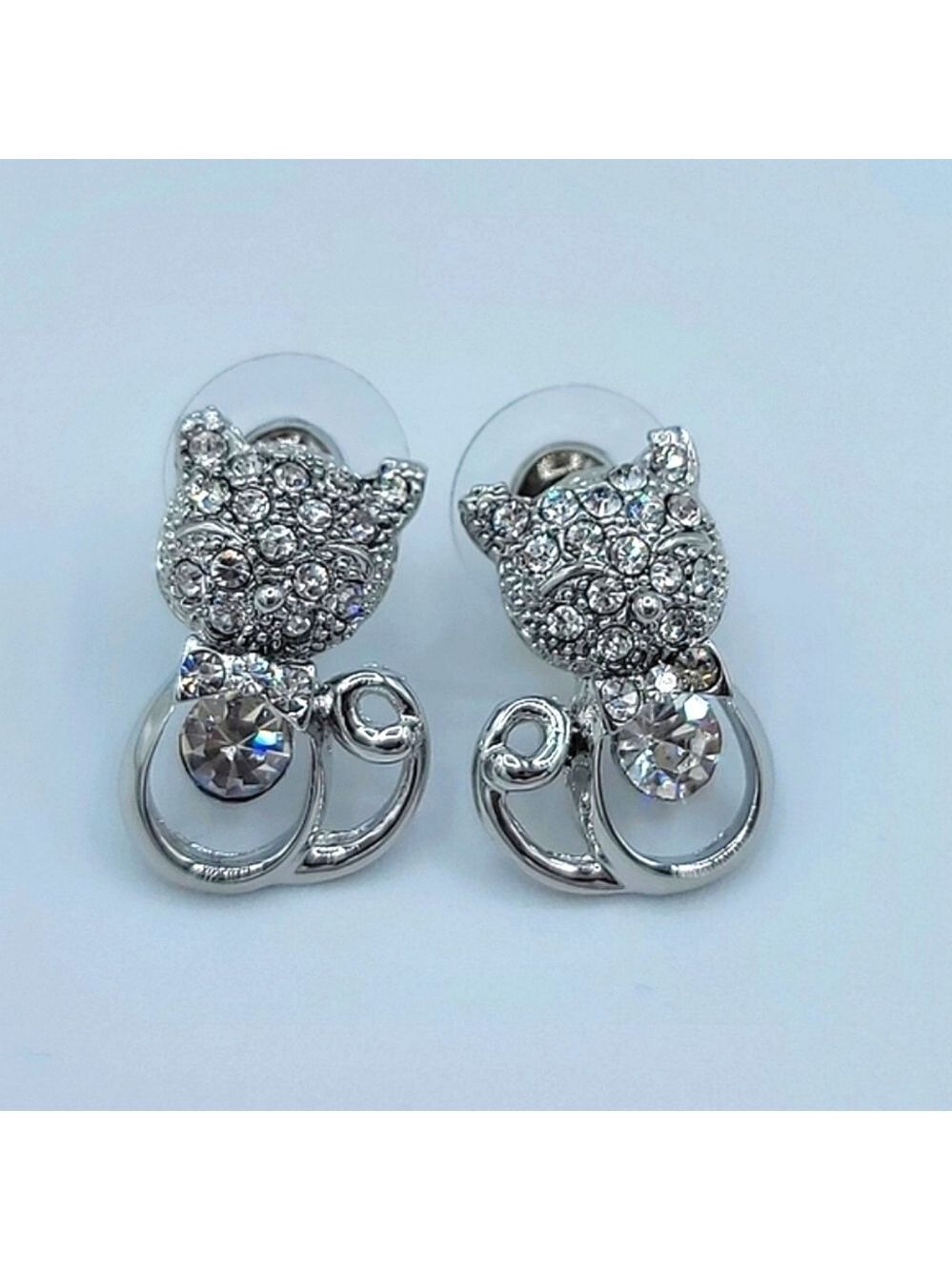 Silvertone Cat Crystal Earrings #1217